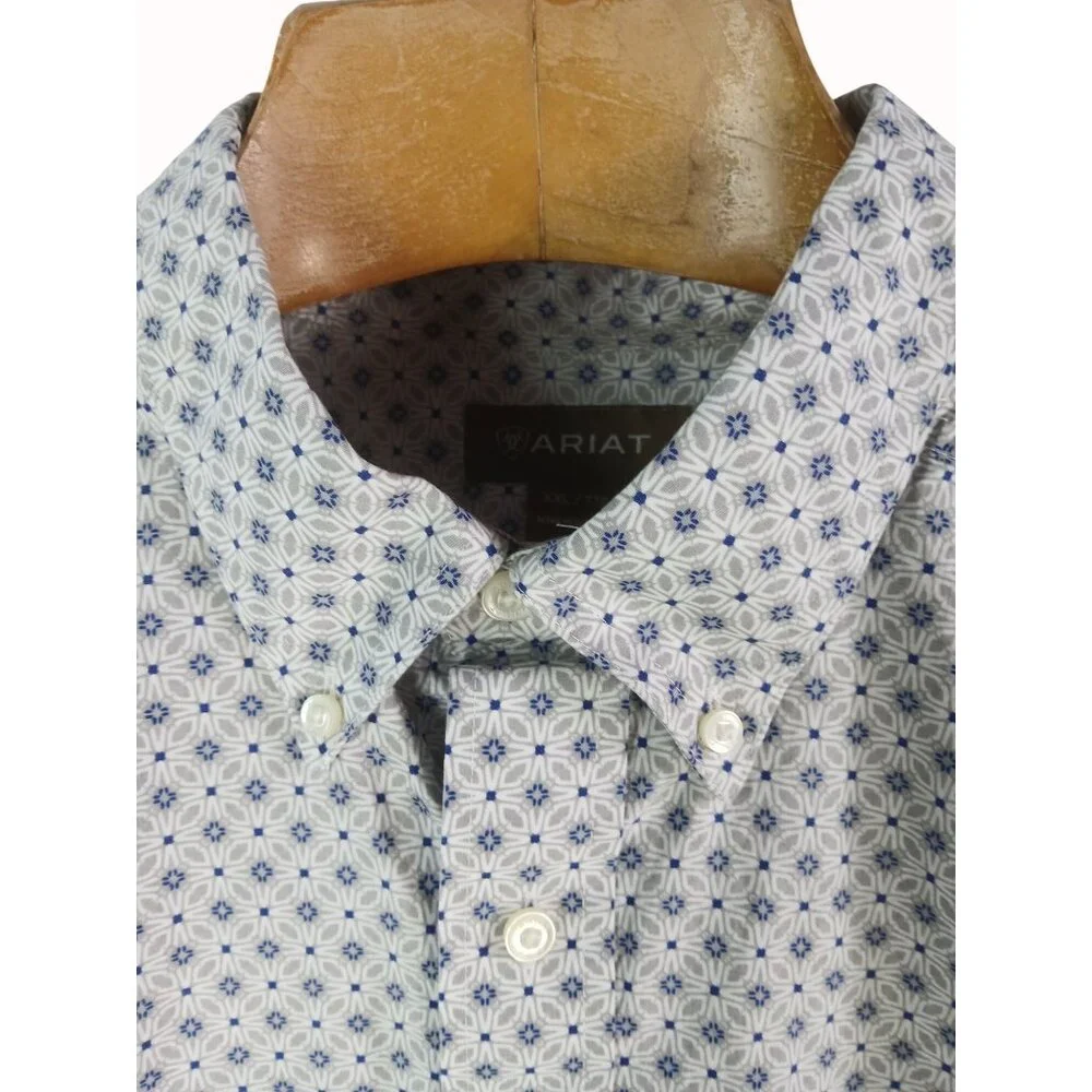 Ariat Mens Button Down Long Sleeve Shirt Size XXL Blue White Geometric - Picture 5 of 16